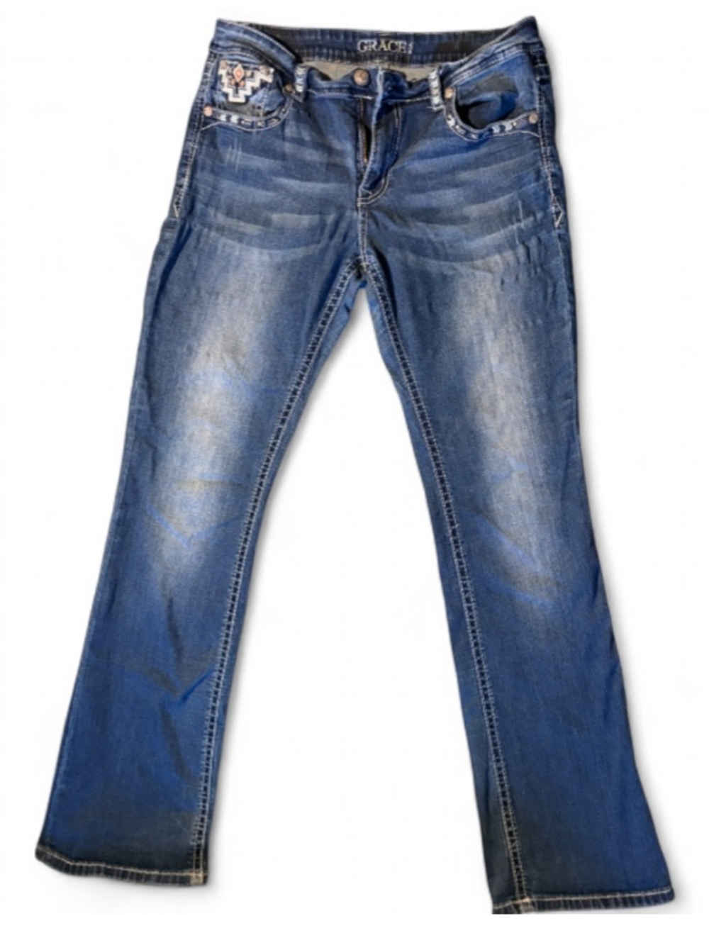 Grace in LA Aztec Embellished Bootcut Jeans Size 32